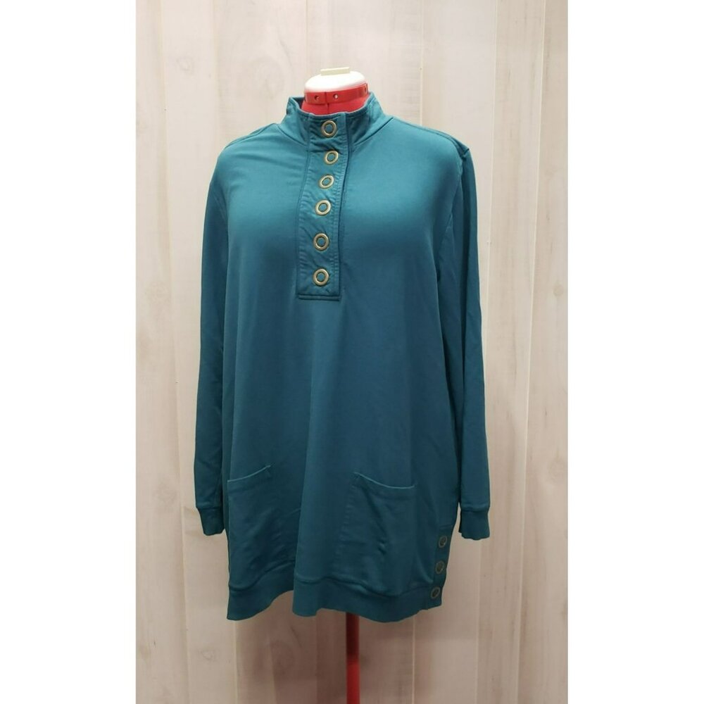 Soft Surroundings Lakshmi Tunic Sz 1X, Pullover Snap Button, Teal, French Terry